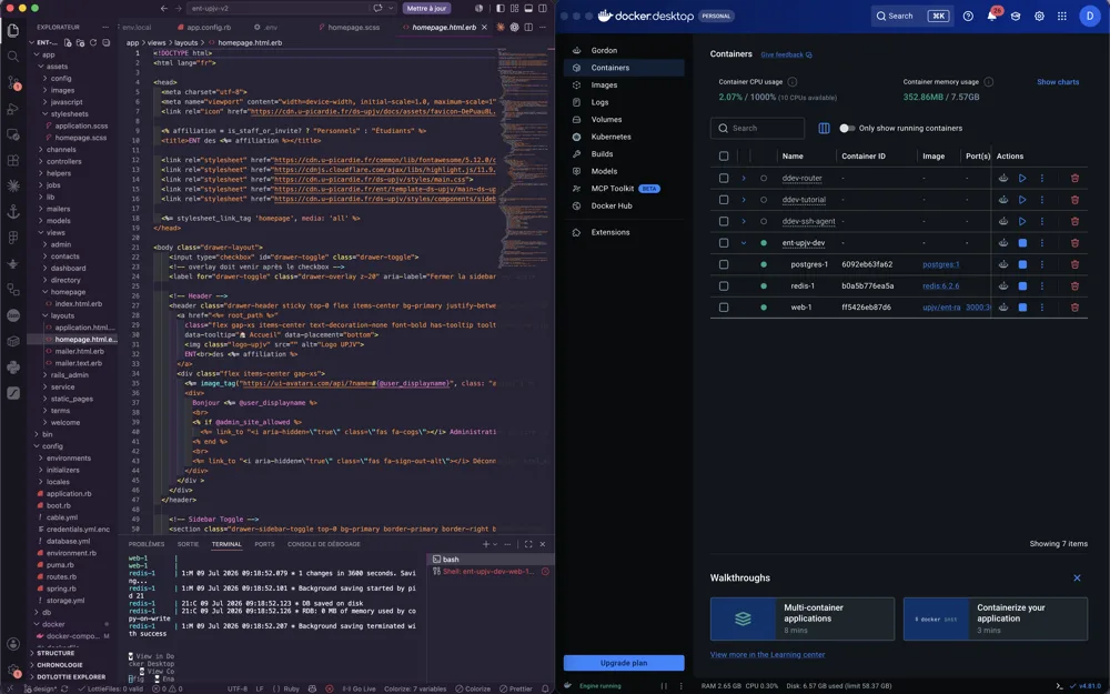 Intégration en cours : code dans l'éditeur et conteneurs Docker qui tournent