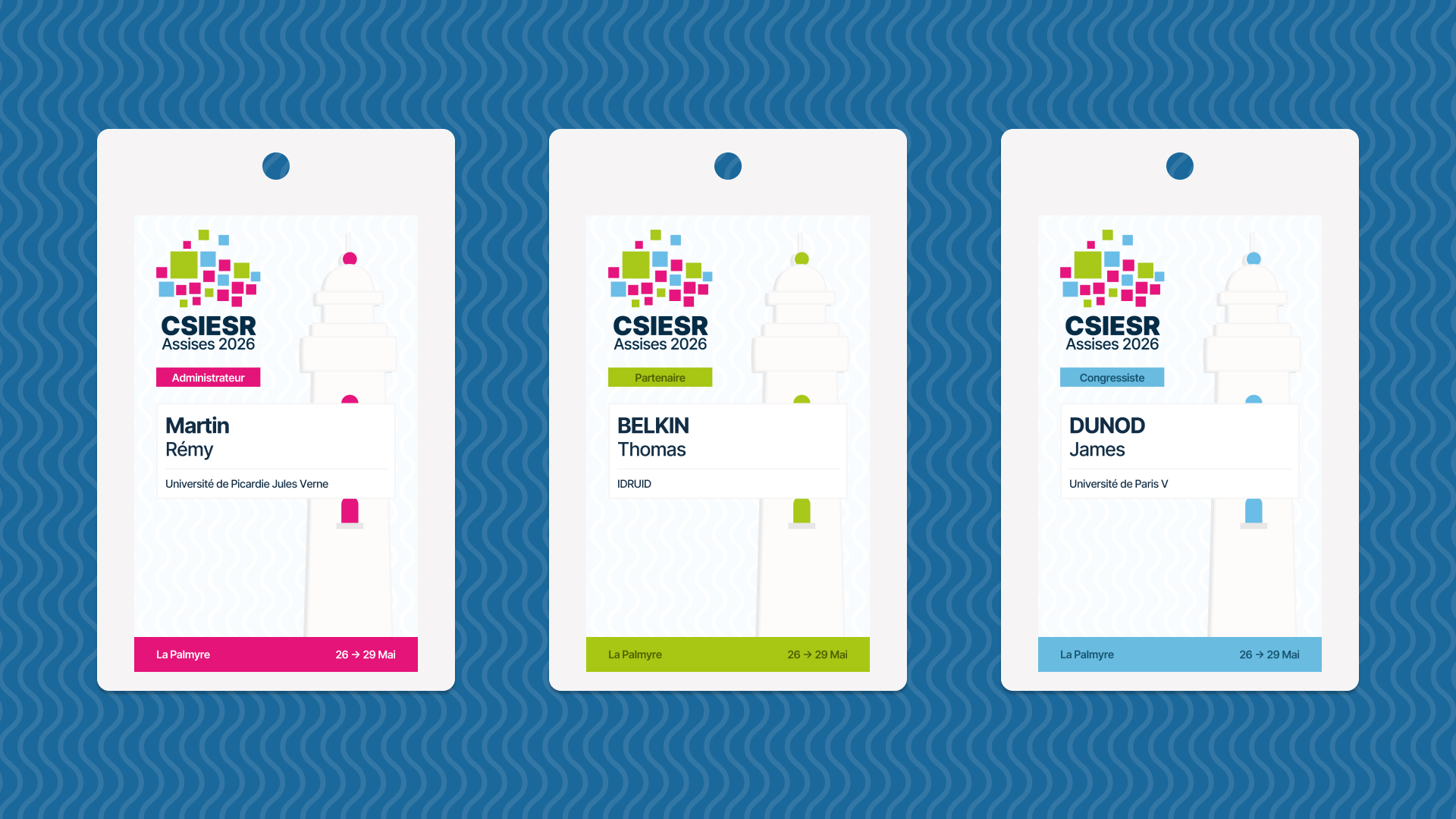 Système de badges — trois profils : Administrateur, Partenaire, Congressiste
